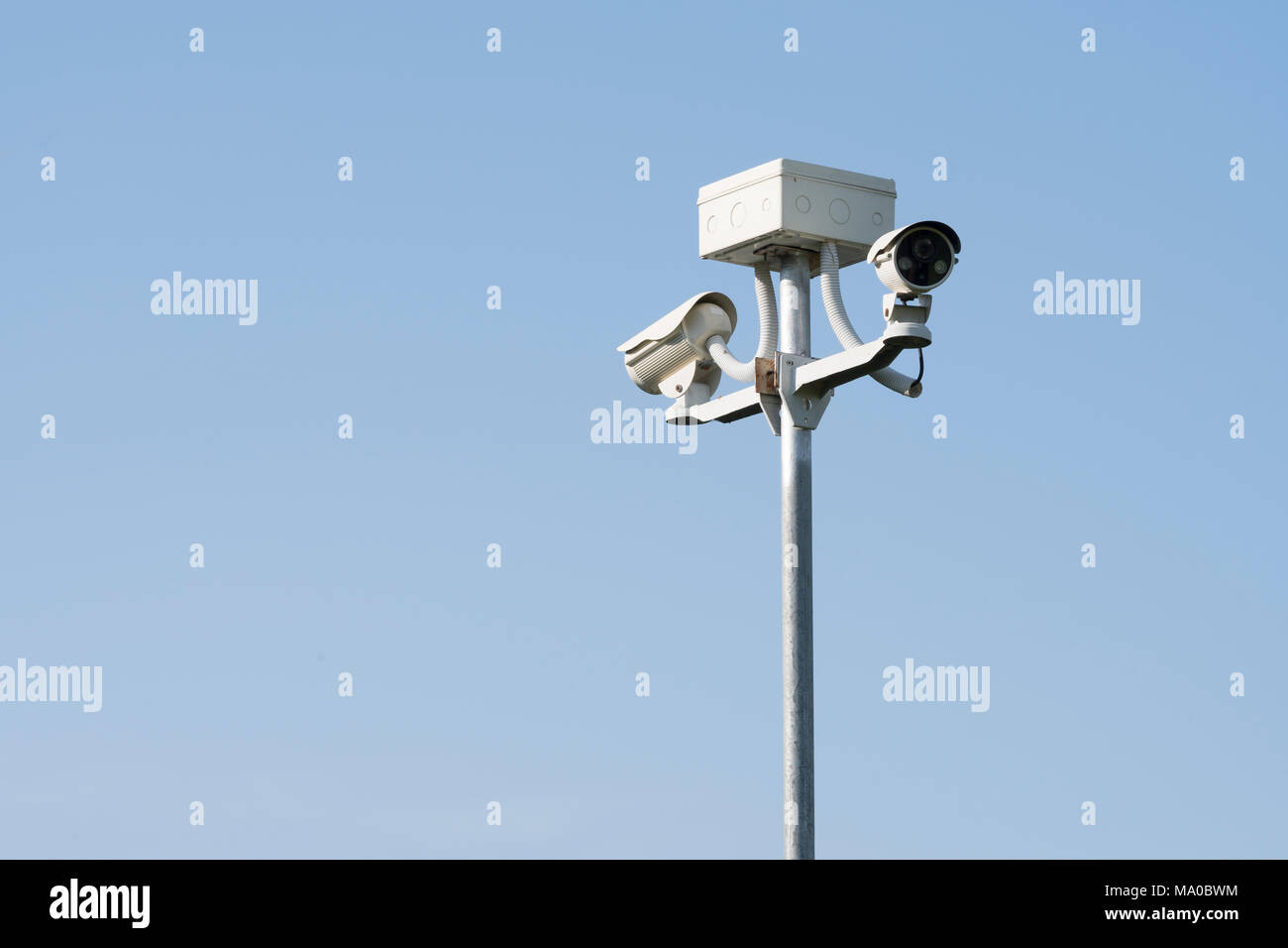 Outdoor telecamera TVCC sistema di sicurezza, su sfondo blu Foto Stock