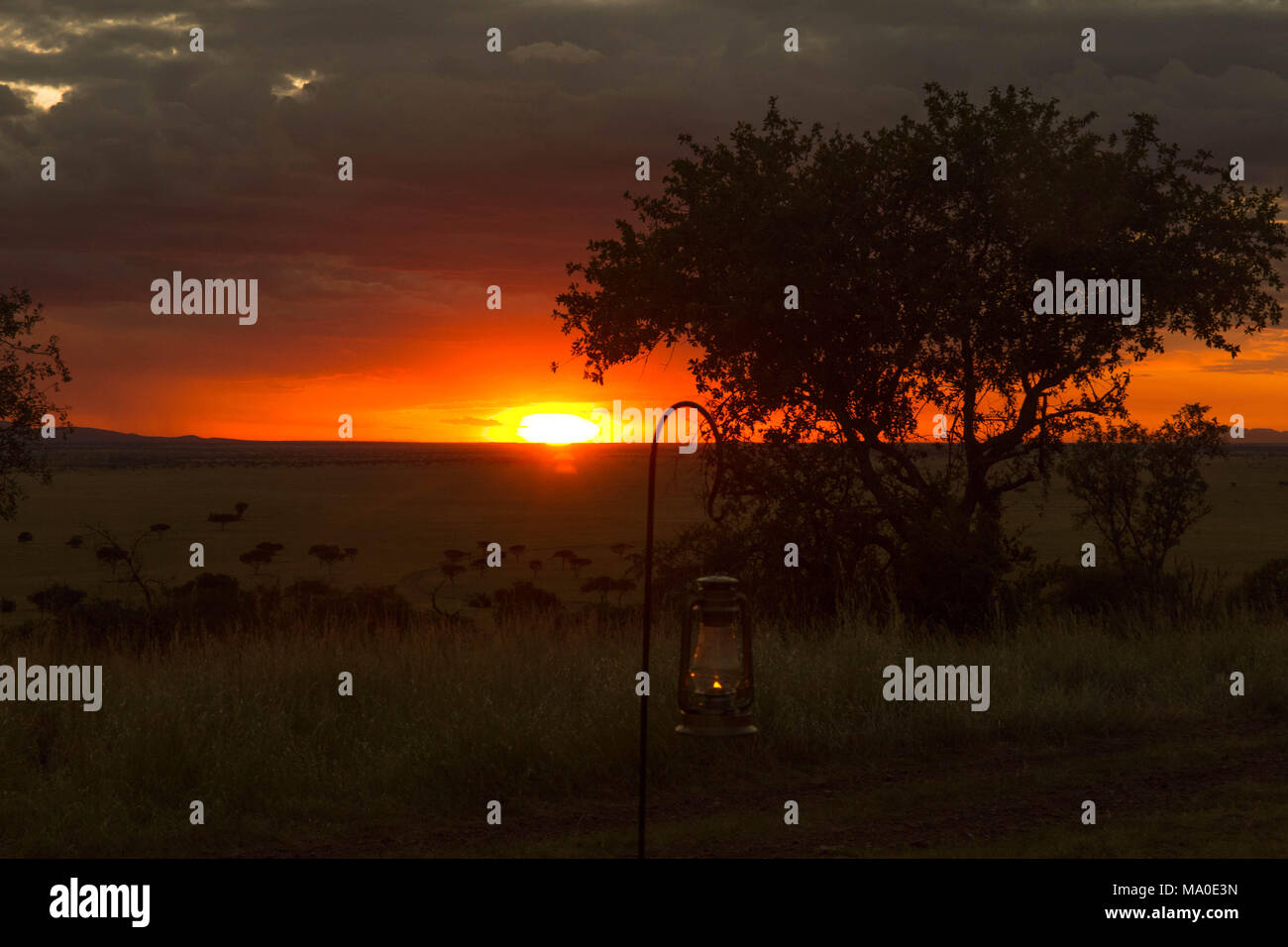 Lampada ad olio in parte anteriore del African arancione tramonto Foto Stock