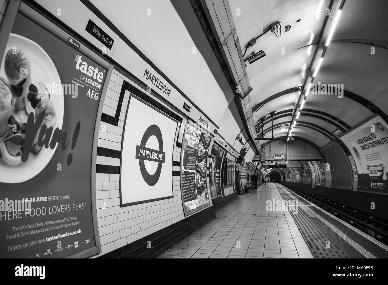 Vista in bianco e nero su una piattaforma deserta della stazione metropolitana di Marylebone. Passeggero isolato in galleria in attesa di treno a metro. Foto Stock