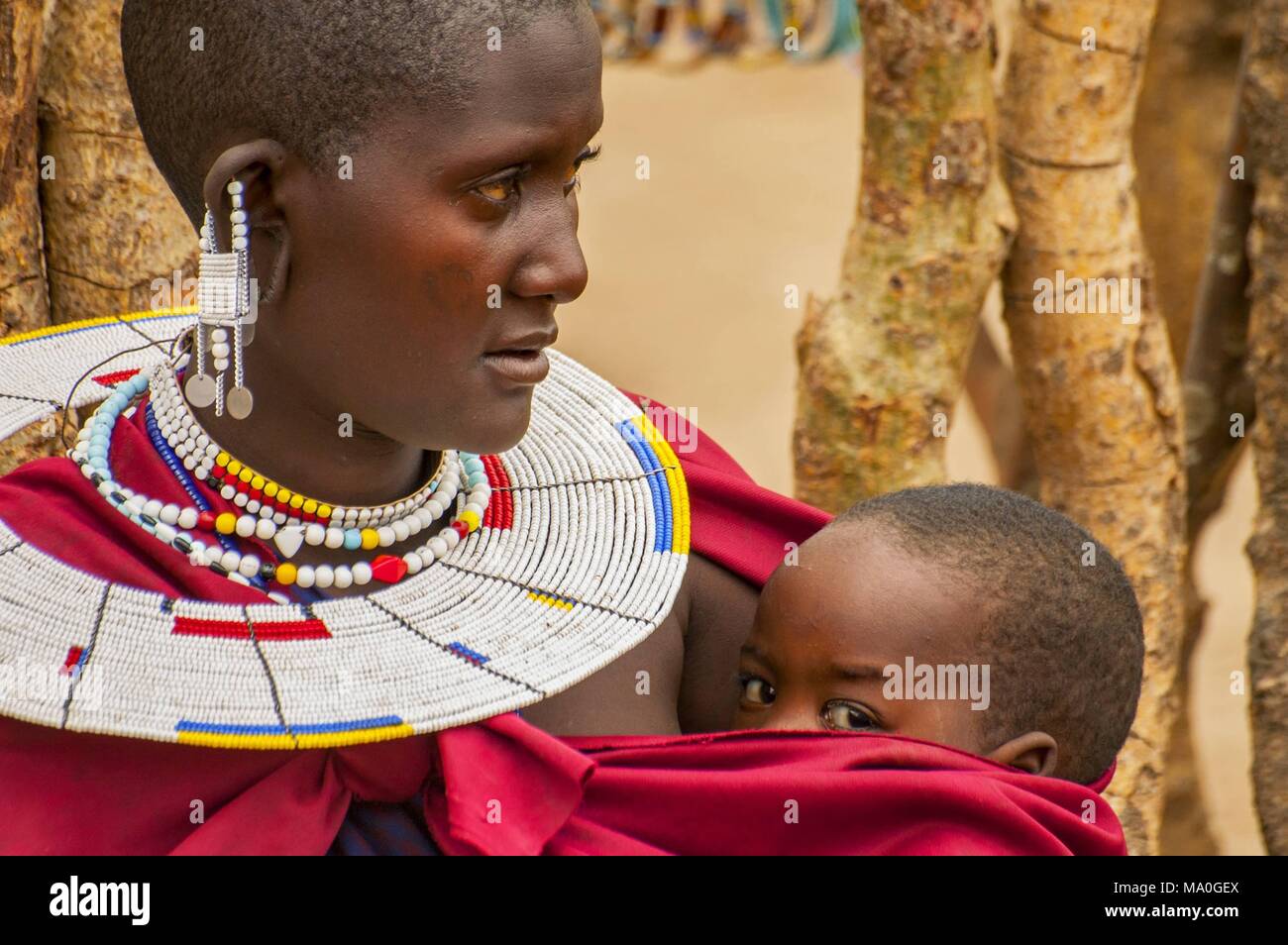 Ritratto di una donna Maasai dal Kenya con colorati africana collana di perle gioielli intorno al collo Foto Stock