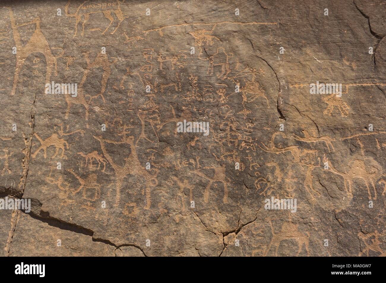 Roccia preistorici pittura nel deserto di sabbia rossa Wadi Rum, Giordania. Foto Stock