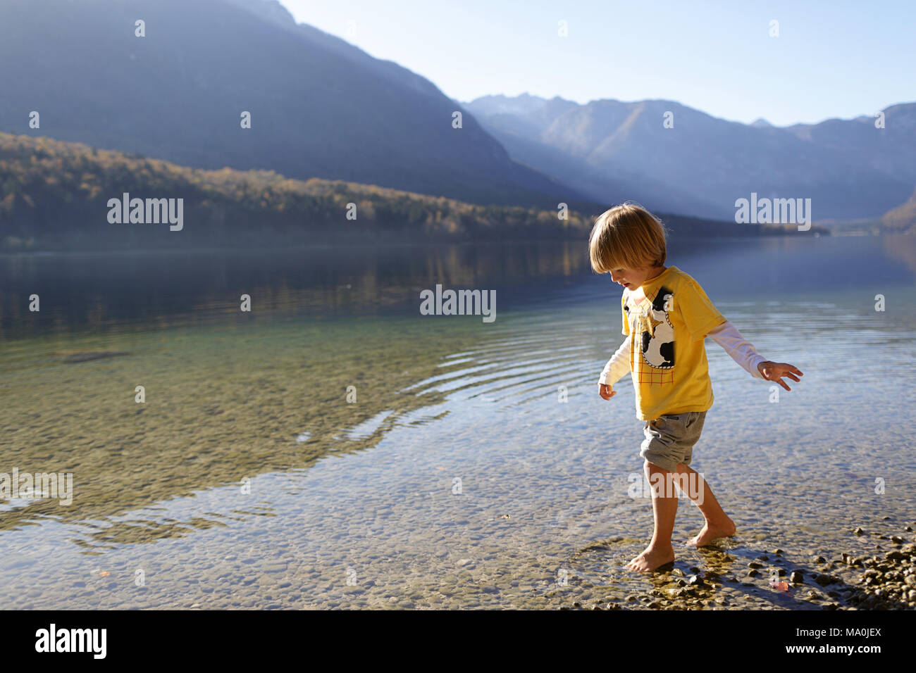 Little Boy giocando a piedi nudi in acqua poco profonda nel lago di Bohinj, Slovenia Foto Stock