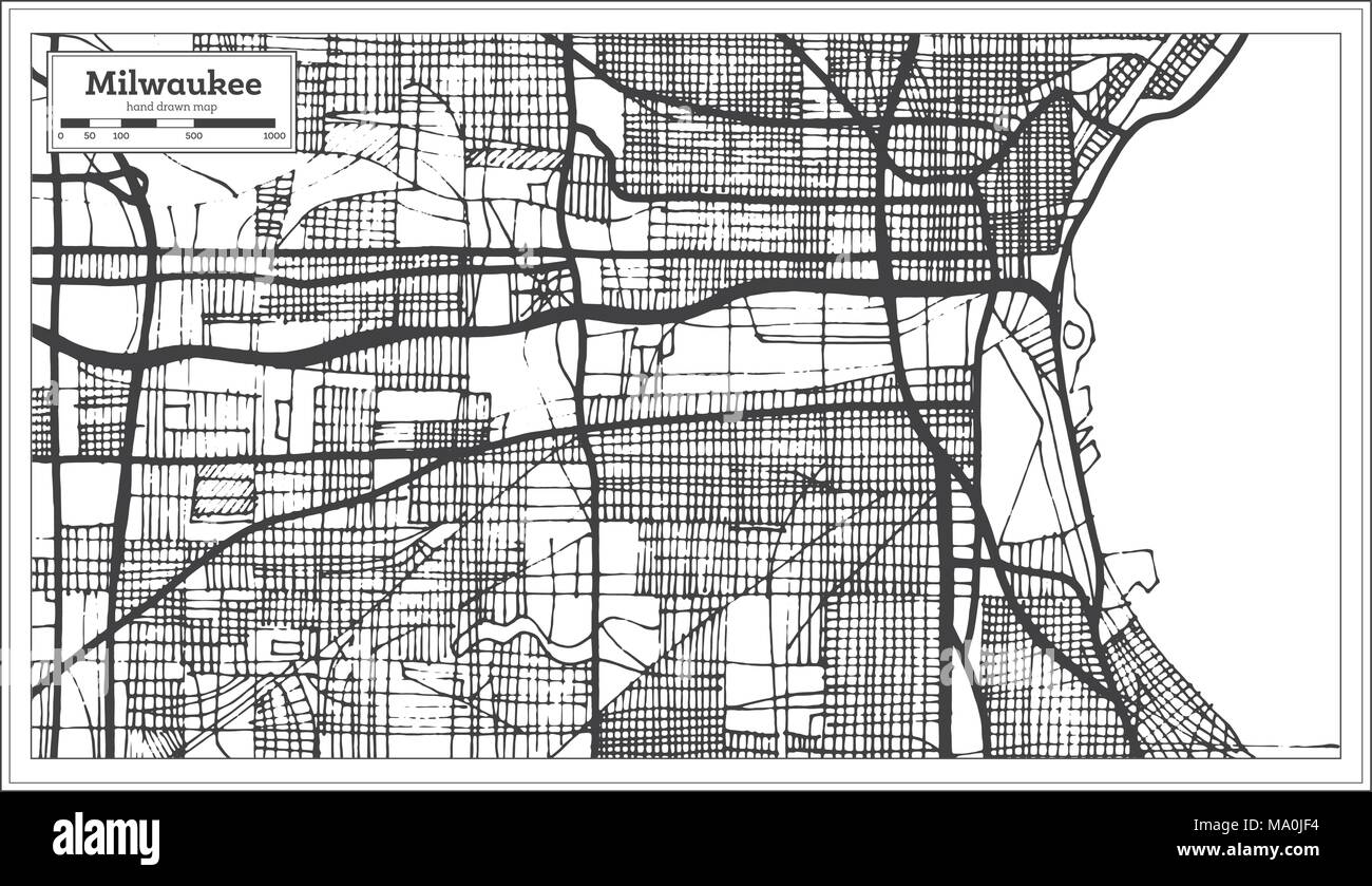 Milwaukee Wisconsin USA Mappa della città in stile retrò in bianco e nero a colori. Mappa di contorno. Illustrazione Vettoriale. Illustrazione Vettoriale