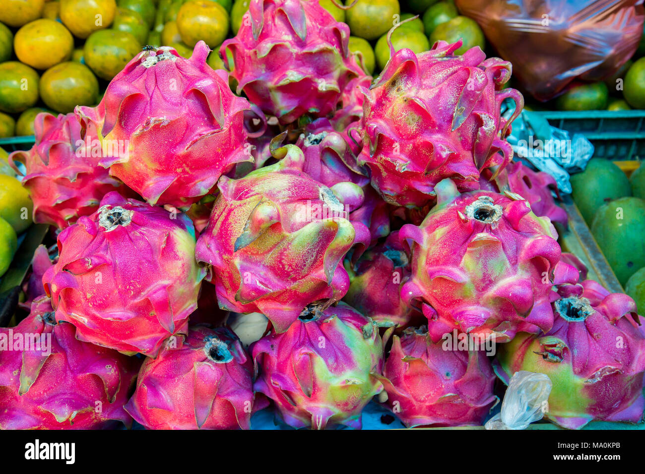 Dragon frutti in un mercato stal Foto Stock