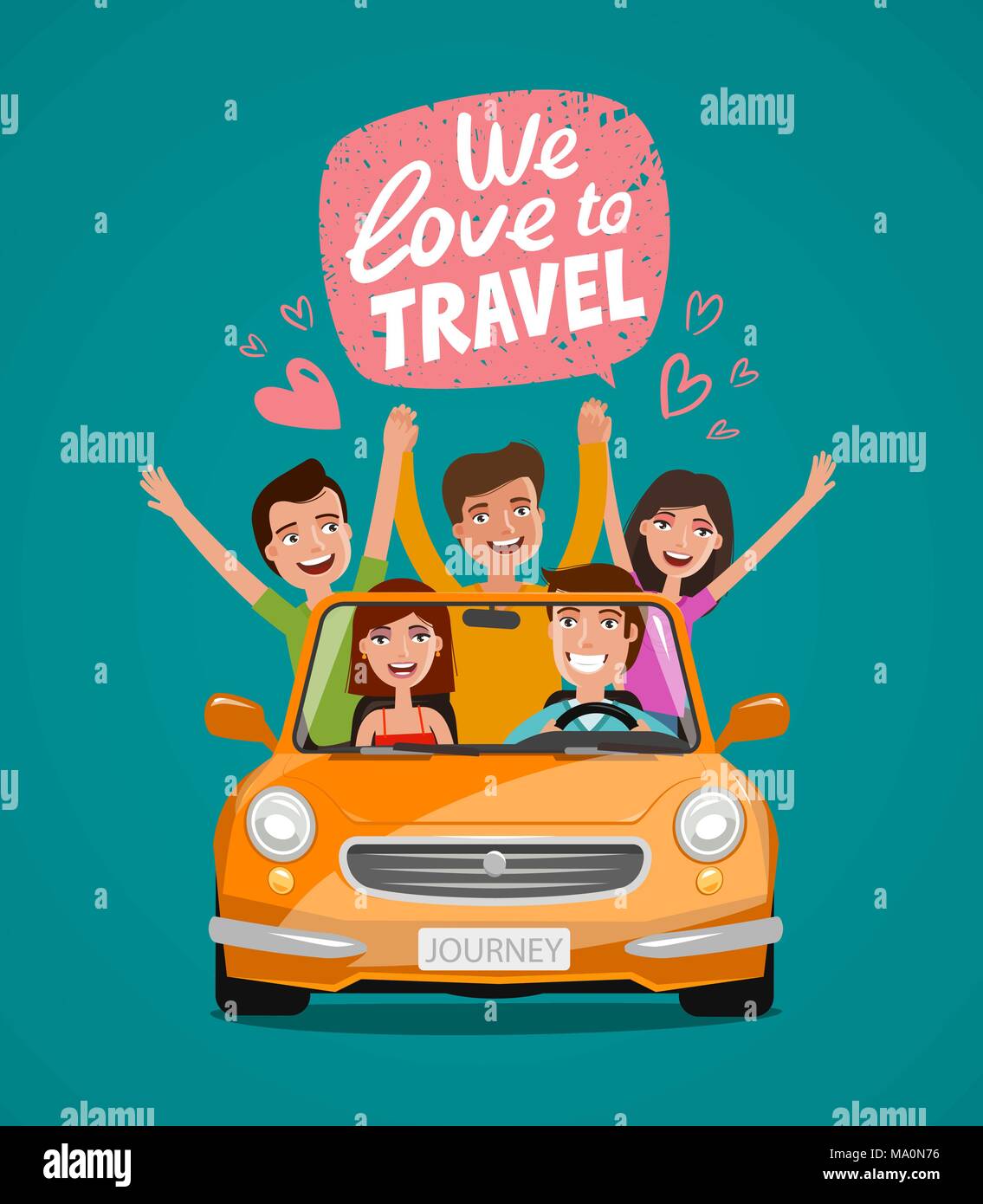 I giovani allegri e felici amici che viaggiano in auto. Viaggio, viaggio, concetto di vacanza. Fumetto illustrazione vettoriale Illustrazione Vettoriale