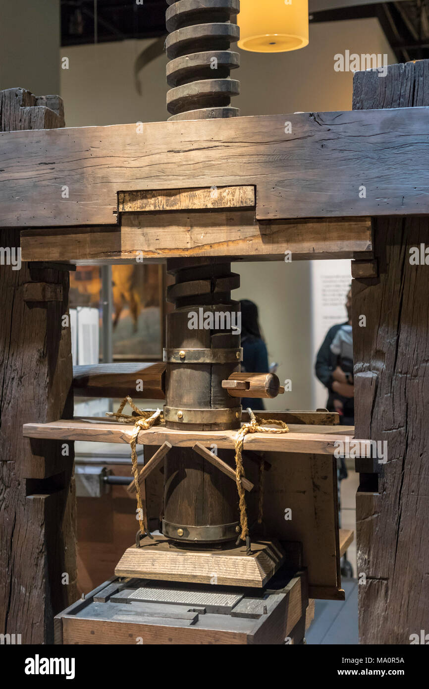 Washington, DC - Una stampa di Gutenberg premere sul display presso il Museo della Bibbia. La voce è una 'peculative ricostruzione' di ciò che la stampa può ha Foto Stock