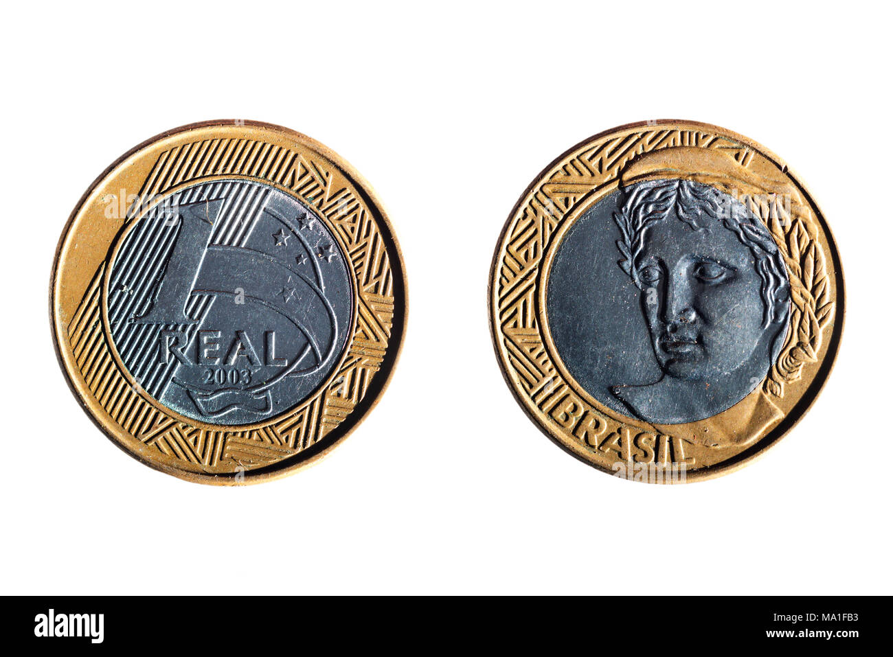 Anteriore e posteriore di un real brasiliano moneta su sfondo bianco Foto Stock