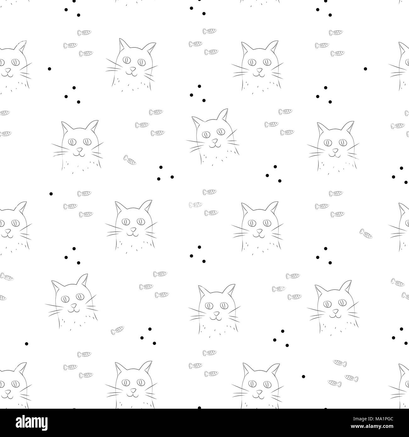 Doodle testa di gatto seamless pattern con pesciolini e punti. In bianco e nero di sfondo carino. Illustrazione Vettoriale. Illustrazione Vettoriale