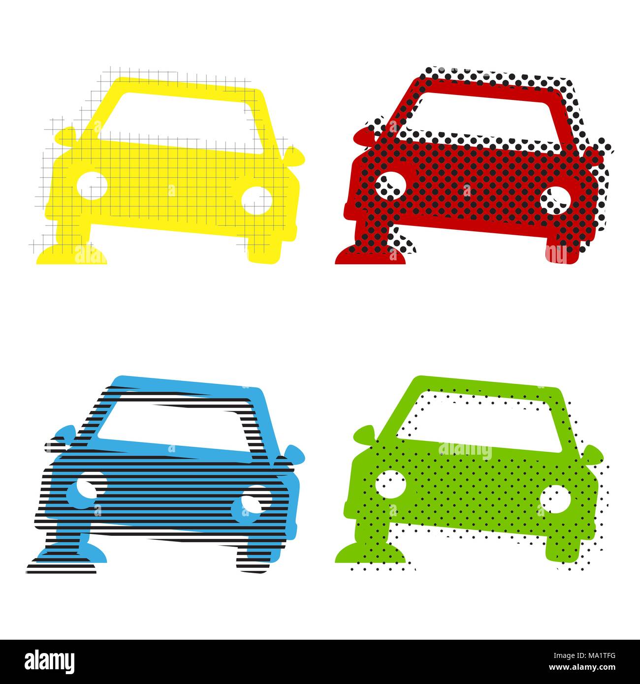 Parcheggio auto segno. Vettore. Giallo, rosso, blu, verde le icone con le loro texture nera a sfondo bianco. Illustrazione Vettoriale