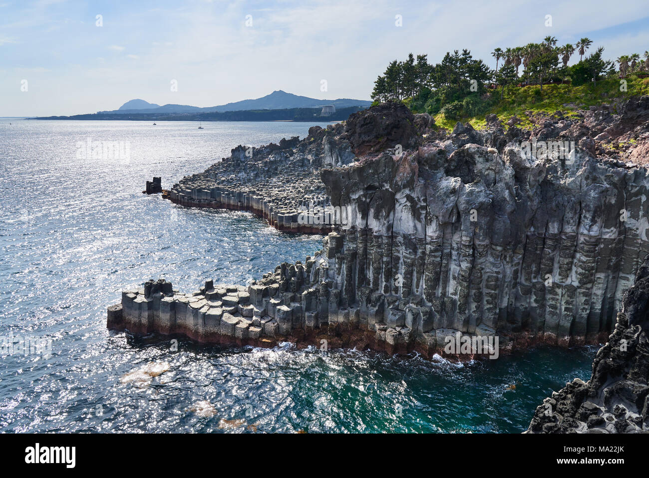 Daepo Jusangjeolli a Jungmun in Jeju, Corea. Jusangjeolli è una scogliera fatta di colonnari basaltici jointings a Jisatgae costa e uno dei più famosi Foto Stock