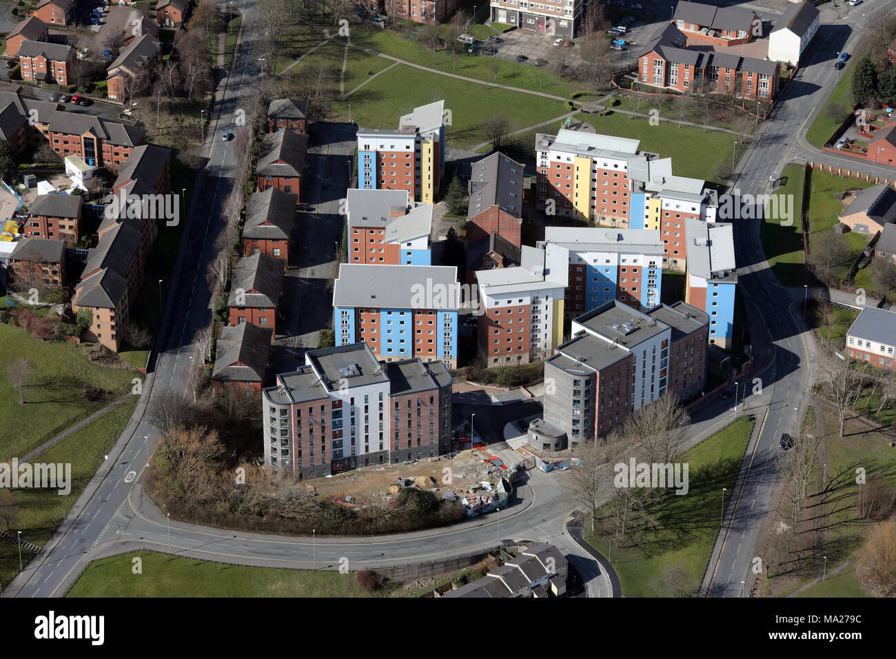 Vista aerea del Leodis Student housing & Urban Student Life - Asquith House & Austin Hall, Leeds LS6 2QF Foto Stock