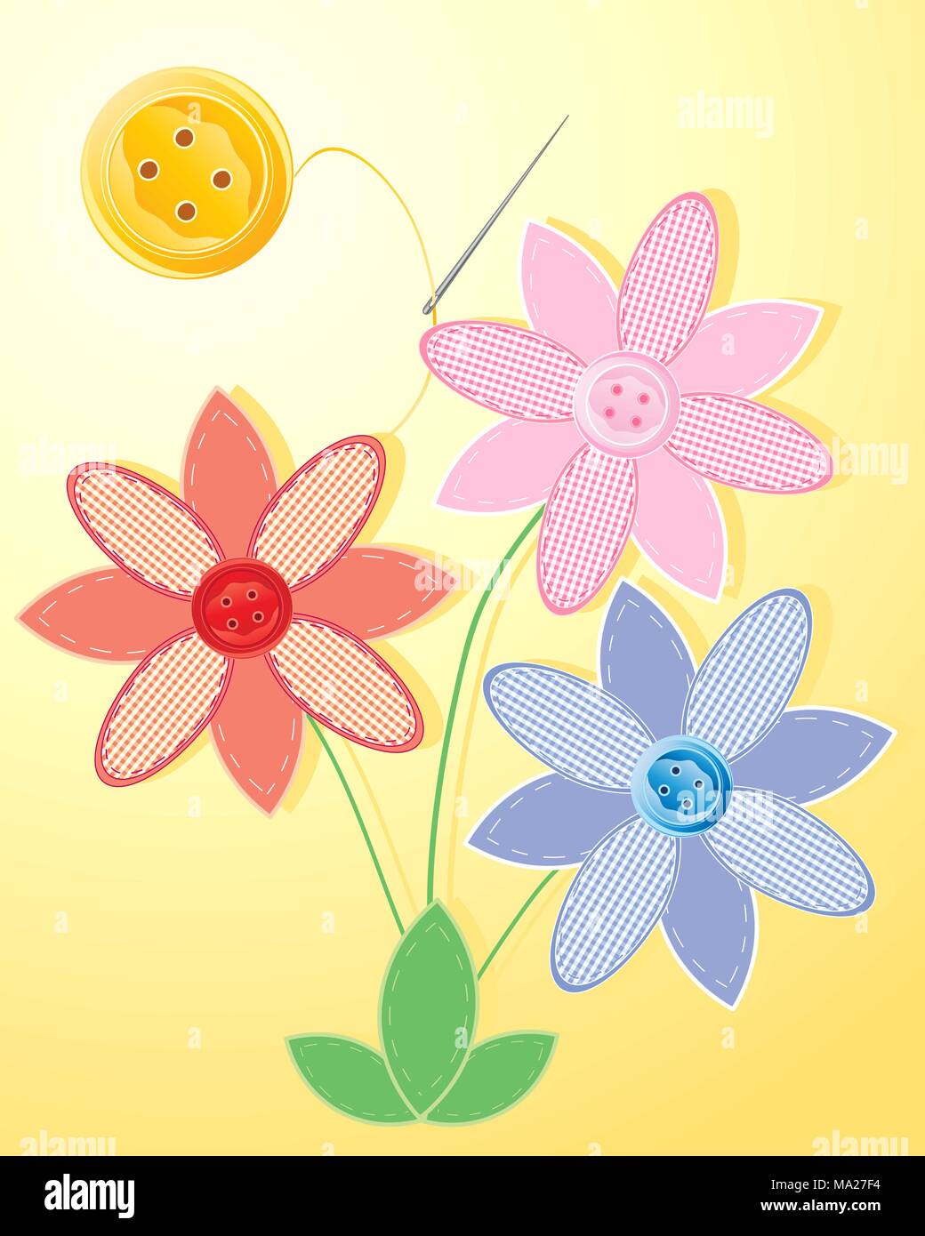Una illustrazione di tre patchwork fiori con foglie di cucito gingham  petali e il pulsante partecentrale sotto un pulsante giallo sole Immagine e  Vettoriale - Alamy