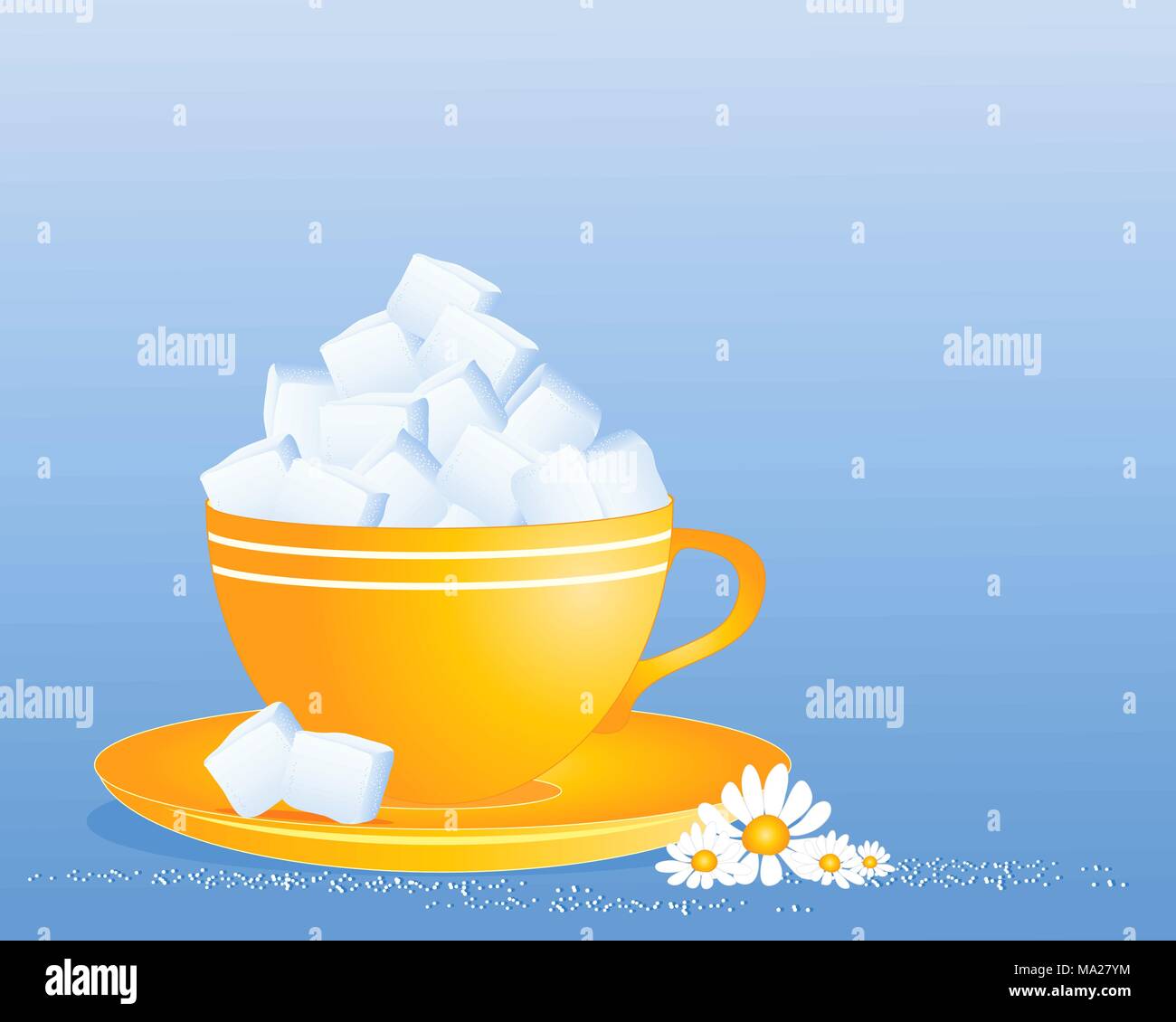 Una illustrazione di un colore giallo brillante tazza e piattino pieno di zucchero bianco a cubetti con granuli e daisy decorazione su uno sfondo blu Illustrazione Vettoriale