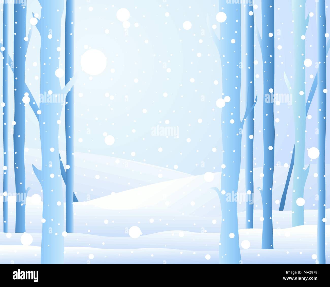 Una illustrazione del bordo di una foresta in inverno smerigliato con tronchi di alberi e campi innevati e luce di fiocchi di neve caduta da un gelido cielo blu Illustrazione Vettoriale