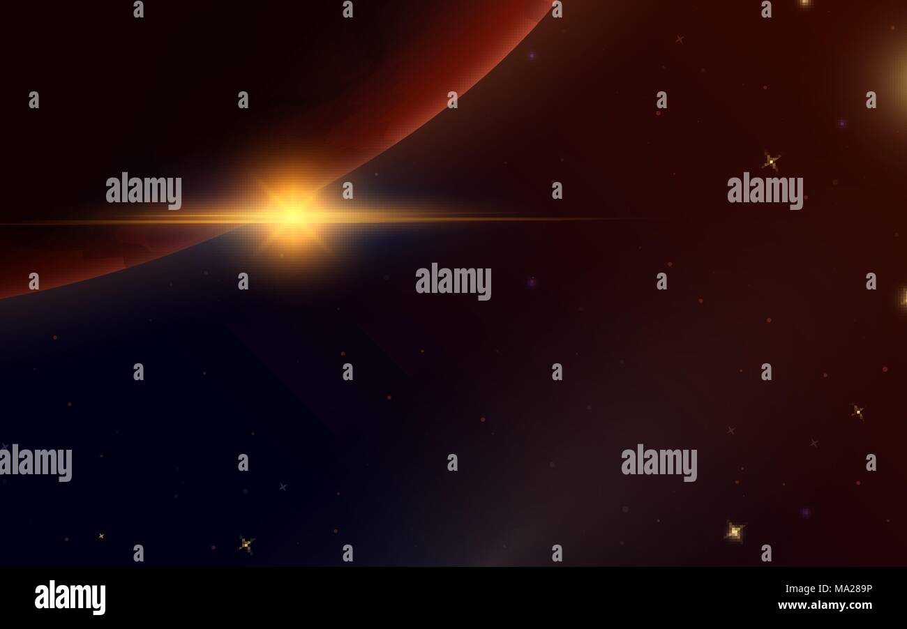 Sunrise nello spazio. Pianeta rosso marte. Astronomical galaxy background. Luce nel cielo notturno. Sistema solare per l'intestazione. Il design moderno dell'universo per schede. Illustrazione Vettoriale