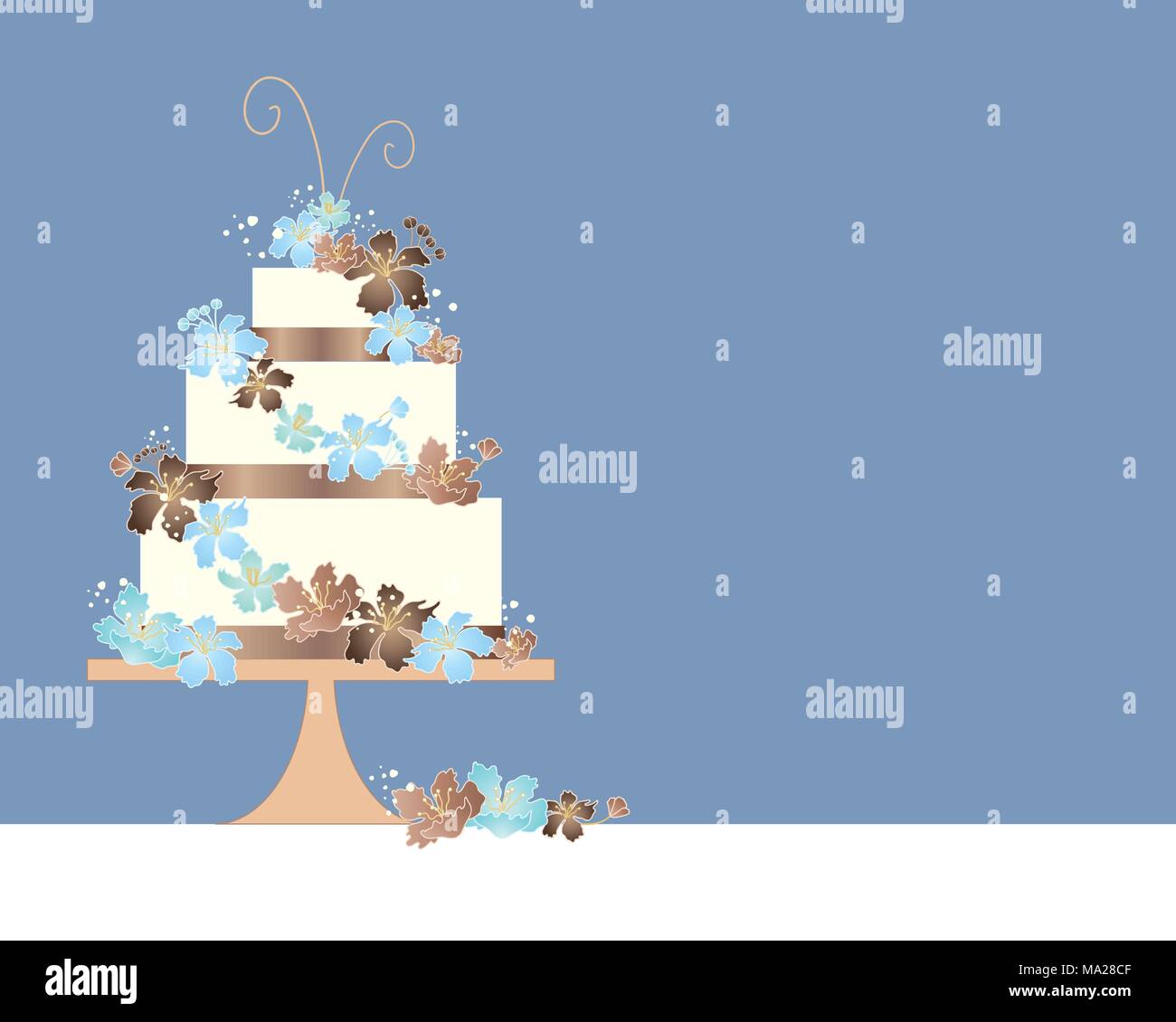 Una illustrazione vettoriale in formato eps formato 10 di tre tier torta di nozze greeting card design con blu e marrone a tema Illustrazione Vettoriale