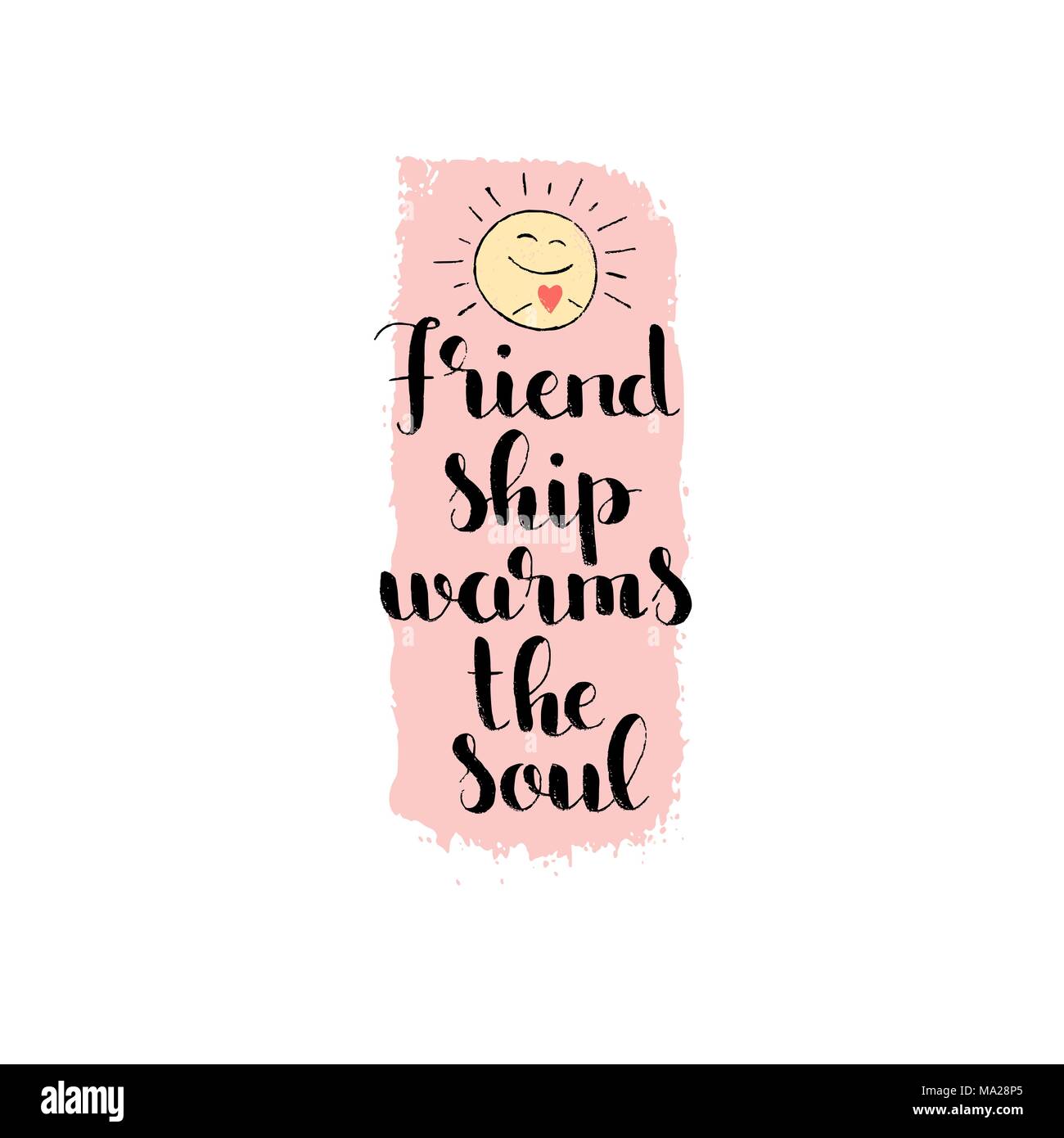 L'amicizia si riscalda l'anima caratteri scritti a mano. Felice amicizia giorno. Vettore moderno disegnato a mano con calligrafia sorridente sole e dipinta a pennello texture Illustrazione Vettoriale