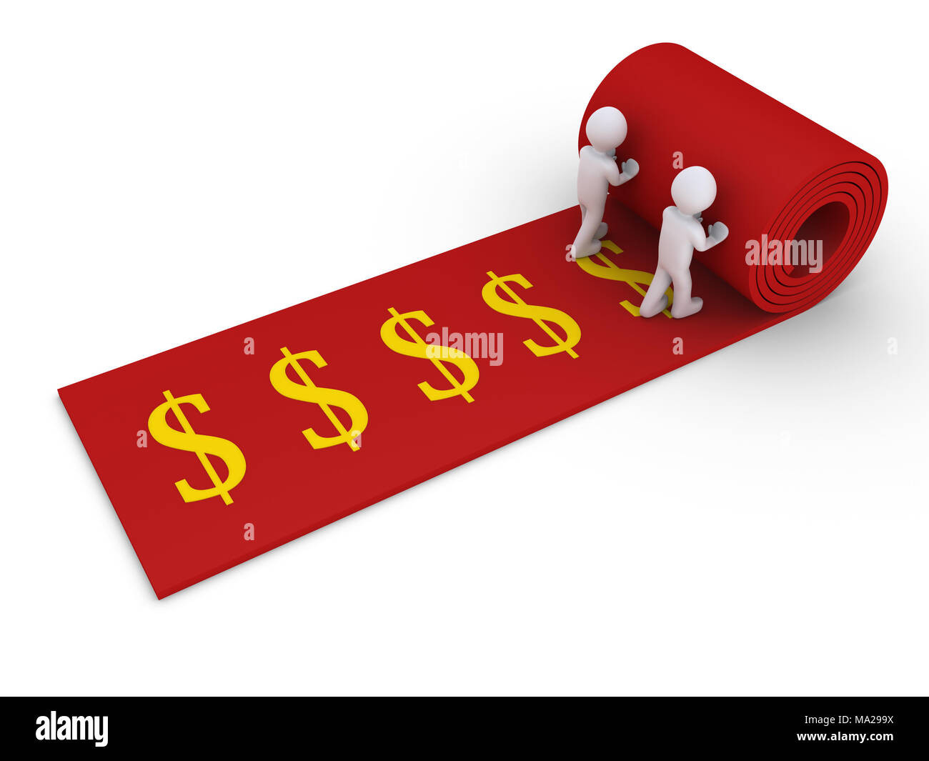 Due 3d persone srotolare un tappeto con i simboli di dollaro su di esso Foto Stock