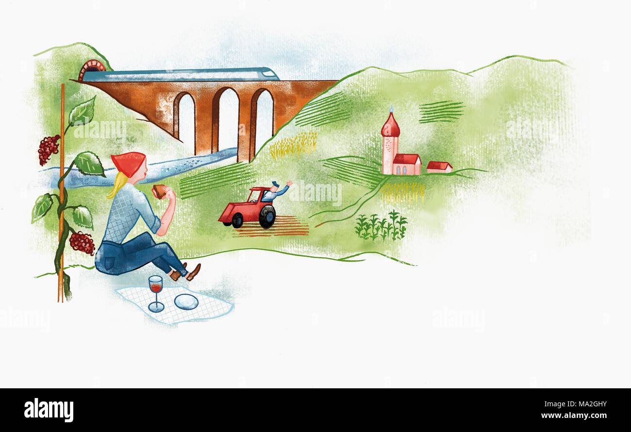 Una donna con un picnic in campagna con una vista di un agricoltore in proprio trattore e un viadotto (illustrazione) Foto Stock