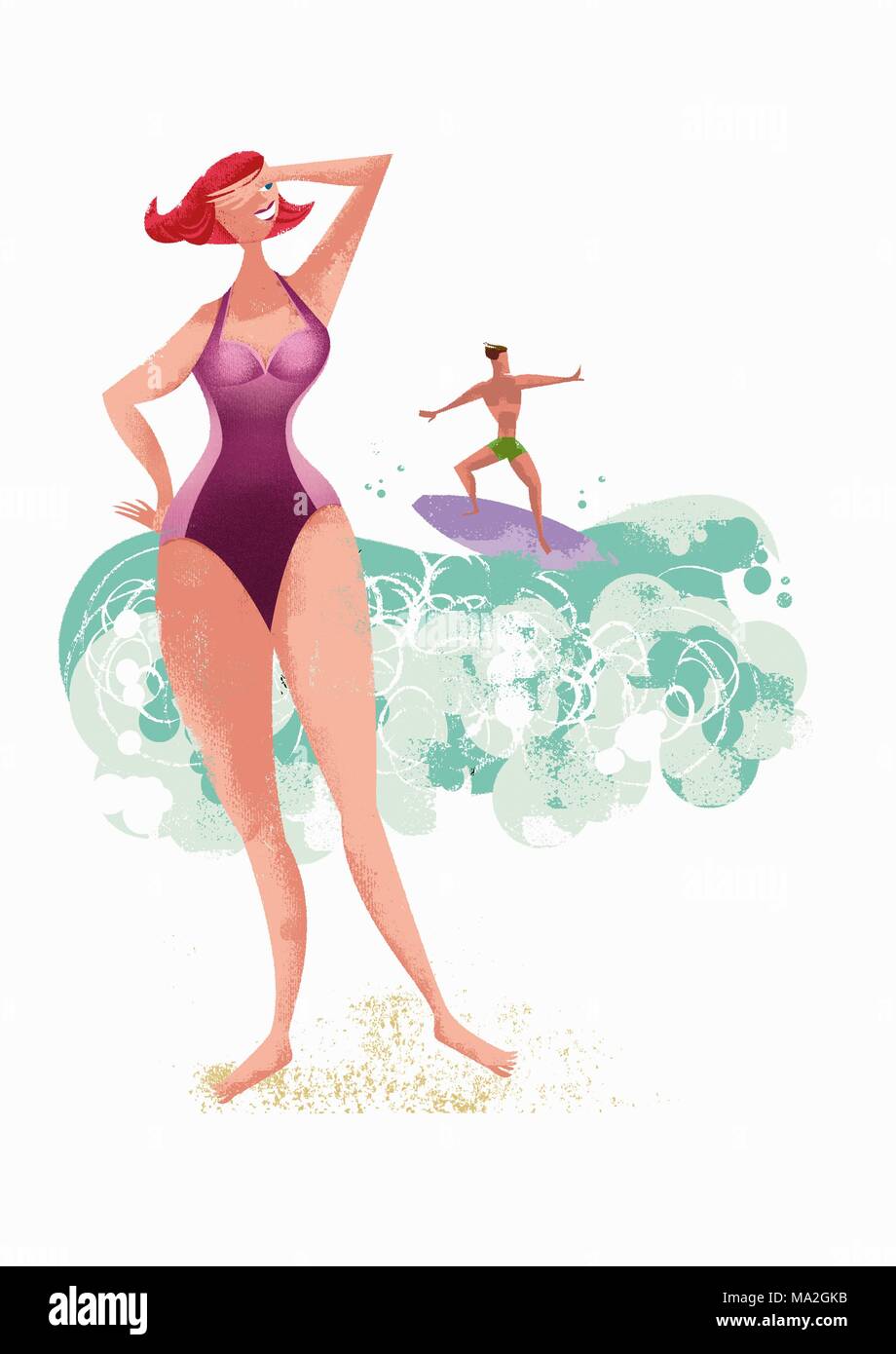 Una donna in costume da bagno in posa su una spiaggia con un uomo surf in background (illustrazione) Foto Stock