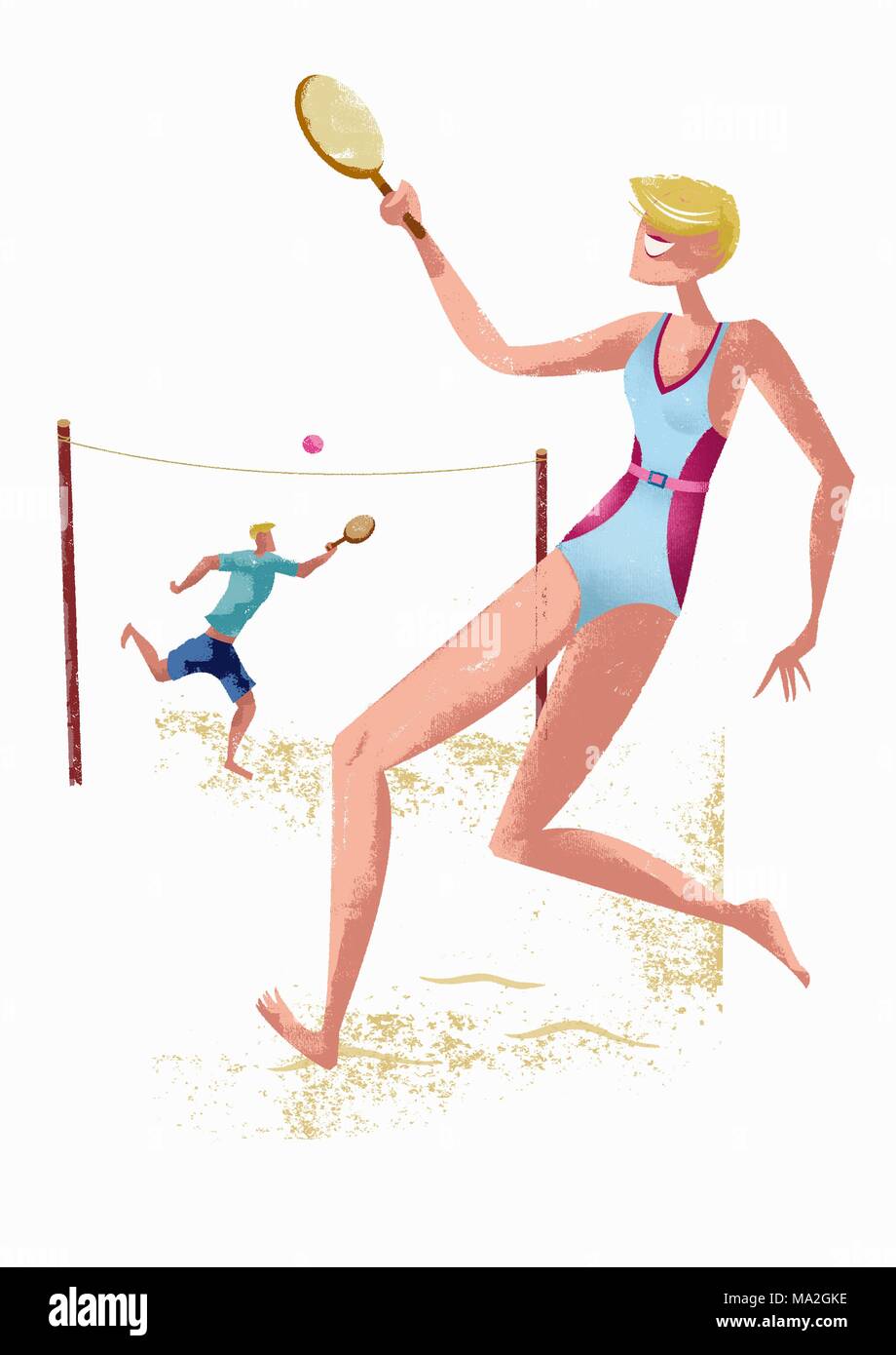 Un paio di giocare a tennis su una spiaggia (illustrazione) Foto Stock