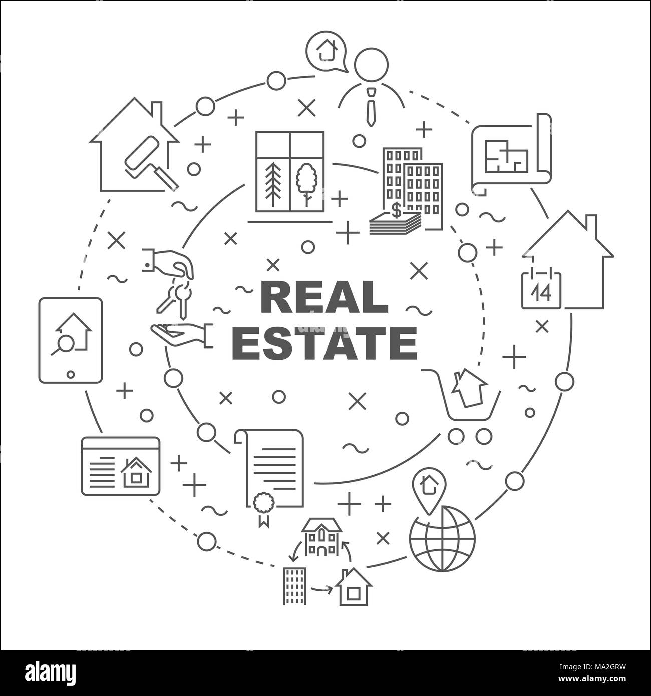 Illustrazione lineare per presentazioni a tutto tondo. Real estate theme. Corsa modificabile Illustrazione Vettoriale