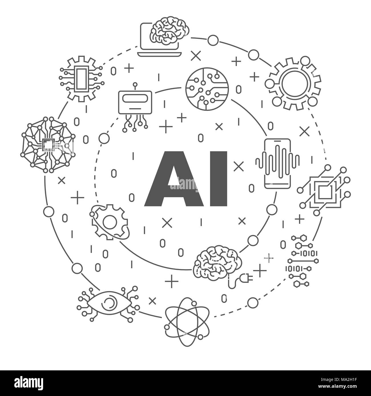 Illustrazione lineare per presentazioni a tutto tondo. Il concetto di intelligenza artificiale. Corsa modificabile Illustrazione Vettoriale