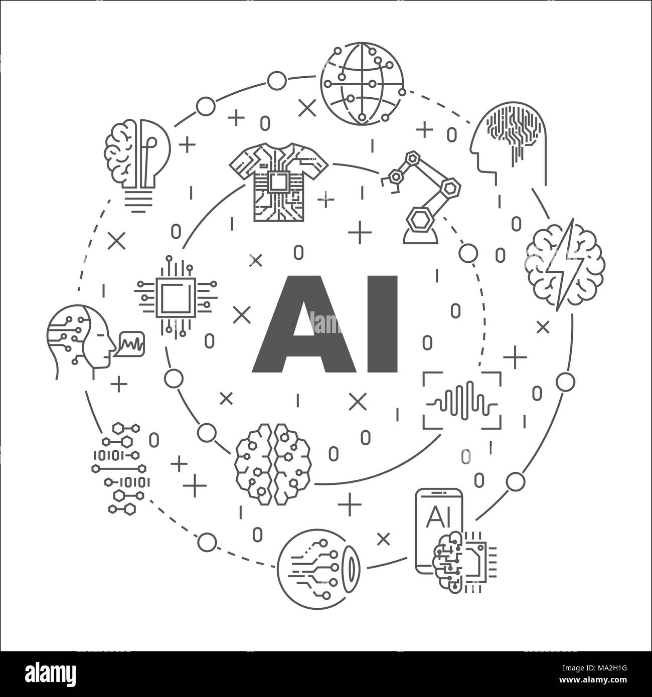 AI round illustrazione della linea. Vettore simbolo circolare realizzato con parole di intelligenza artificiale e icone della tecnologia Illustrazione Vettoriale