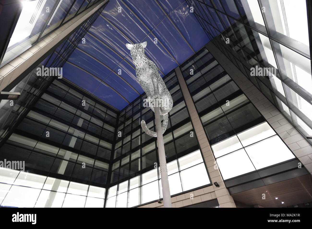 Leopard scultura di Kelpies creatore Andy Scott, che siede su una colonna in piazza Marischal in Aberdeen, Scozia, Regno Unito Foto Stock