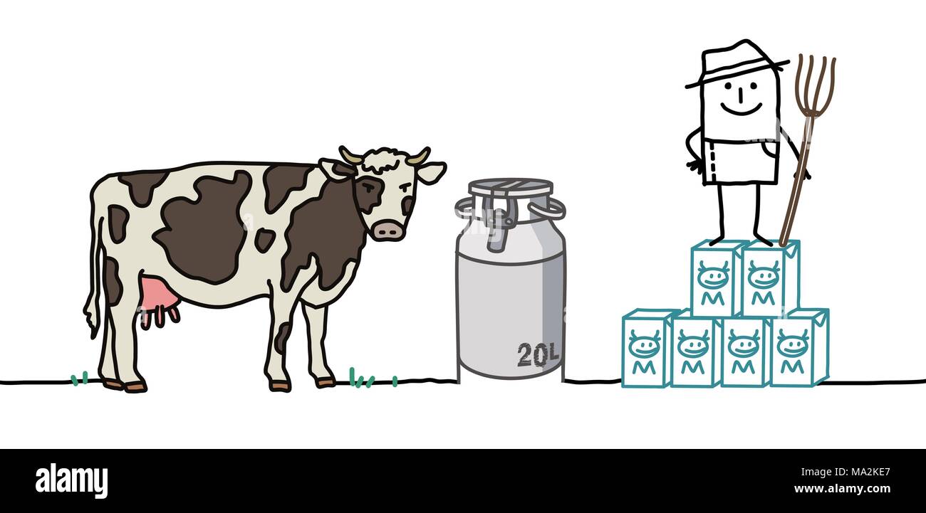 Cartoon contadino con latte di mucca e di latte Illustrazione Vettoriale