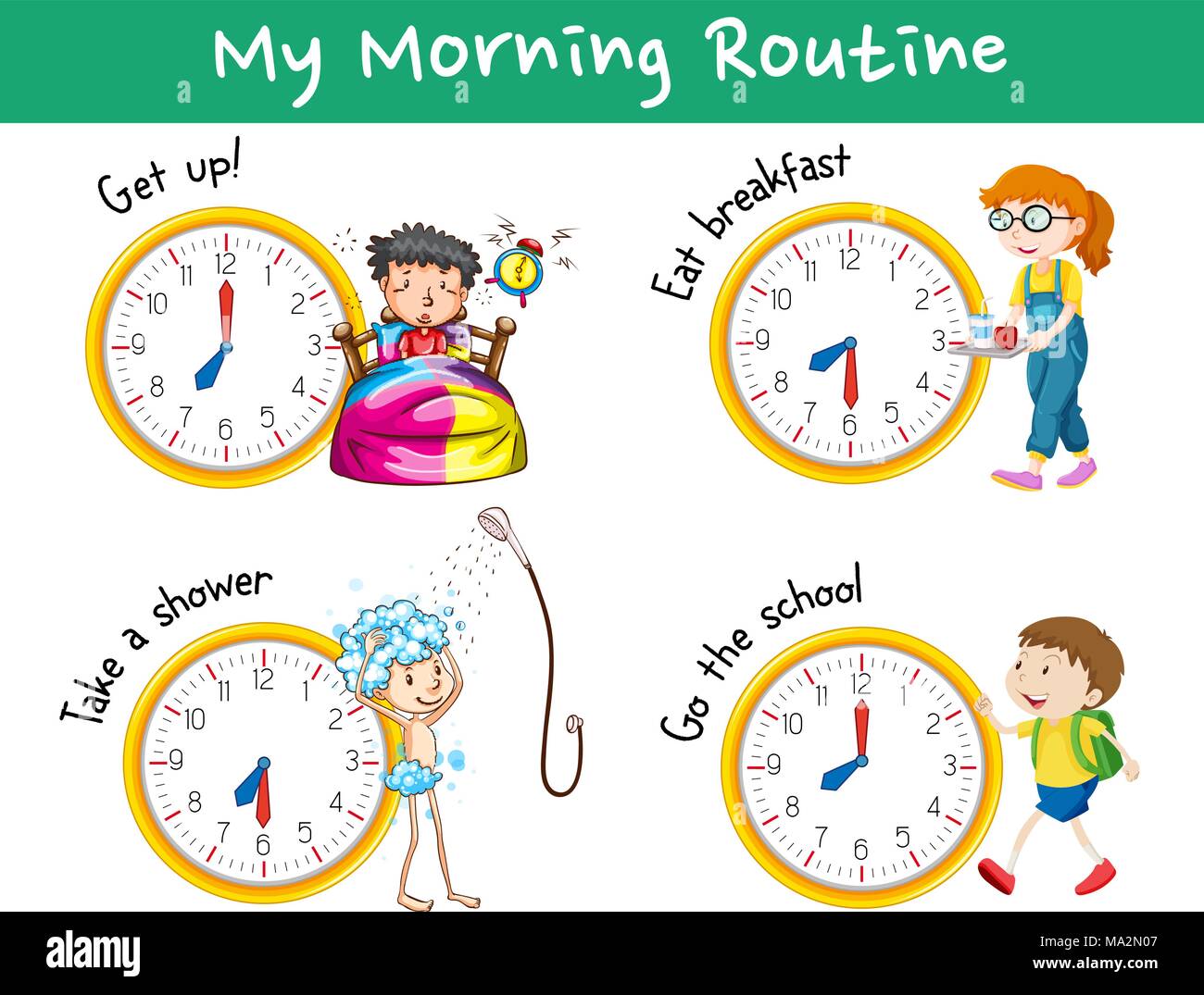 Routine mattutina con orologi e illustrazione per bambini Illustrazione Vettoriale