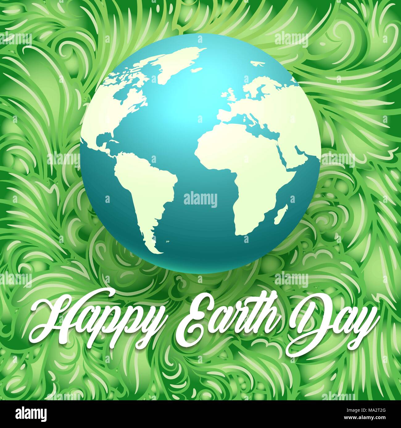Felice Giornata della Terra illustrazione. Globo con le parole felice giornata della terra sulle foglie verde dello sfondo. Illustrazione Vettoriale. Illustrazione Vettoriale