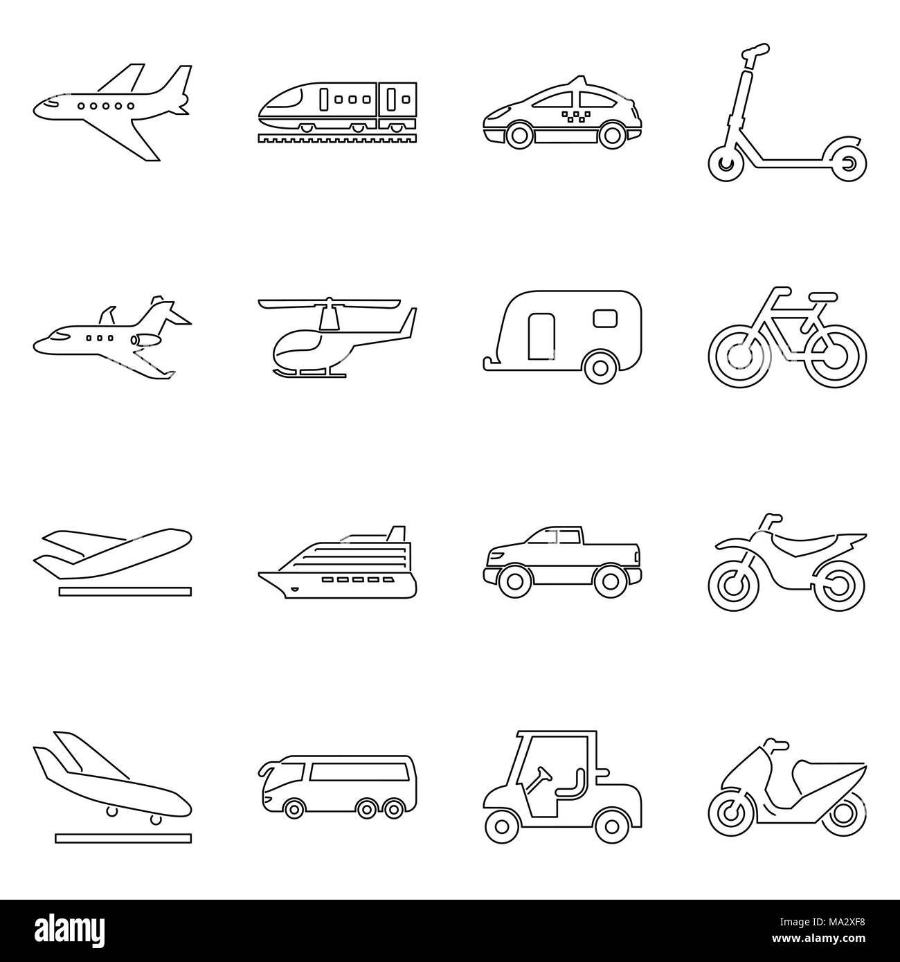 Trasporti e viaggi Imposta icona semplice piatto illustrazione vettoriale. Illustrazione Vettoriale