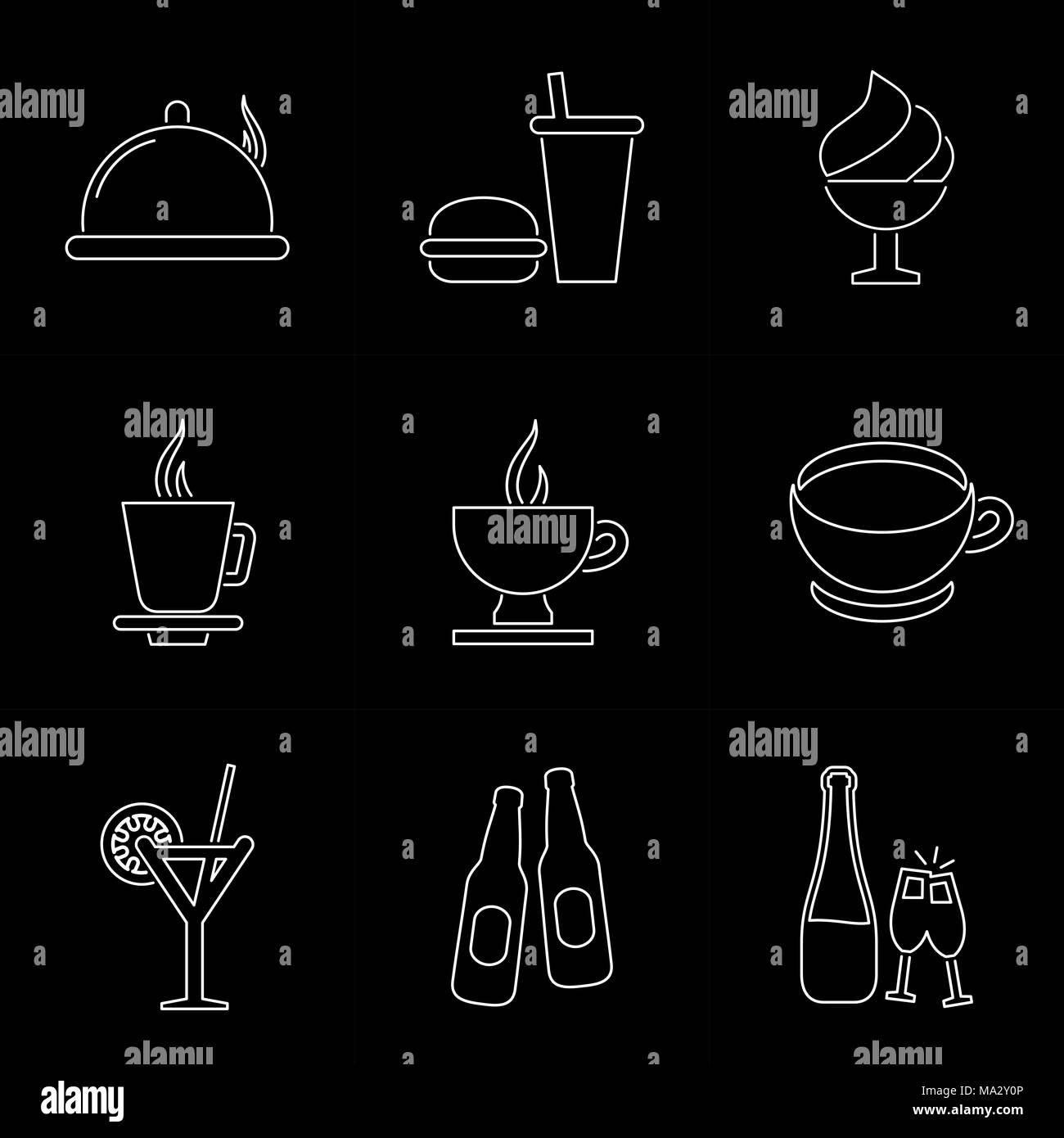 La cena icon set. Icone di cibo semplice piatto stile illustrazione vettoriale. Illustrazione Vettoriale