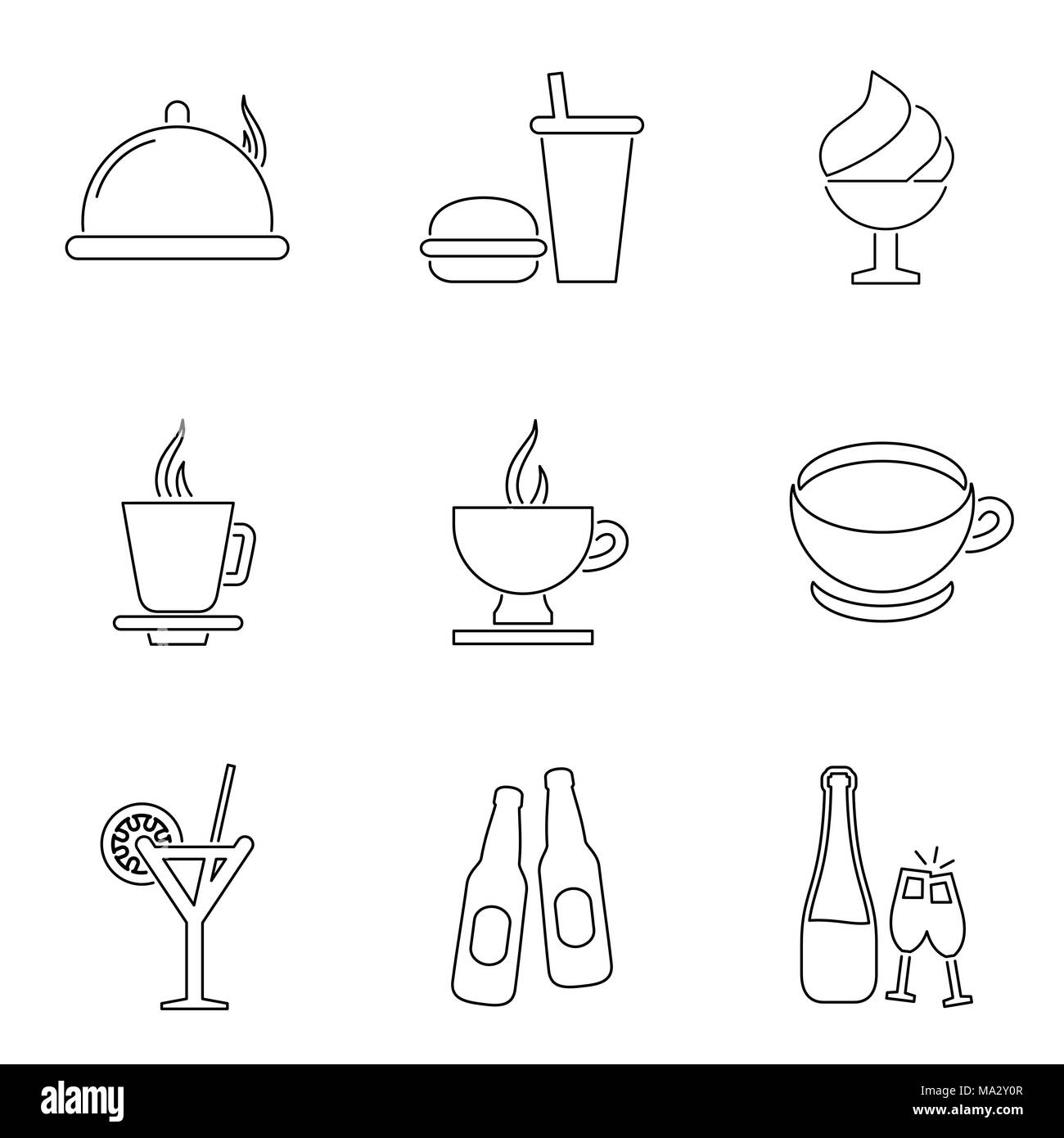 La cena icon set. Icone di cibo semplice piatto stile illustrazione vettoriale. Illustrazione Vettoriale