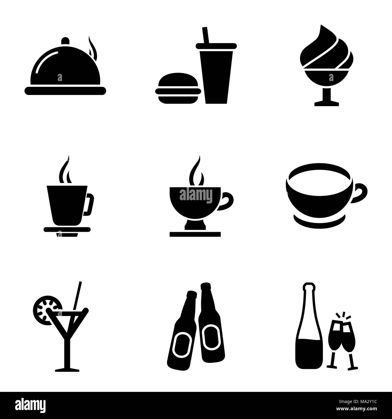 La cena icon set. Icone di cibo semplice piatto stile illustrazione vettoriale. Illustrazione Vettoriale