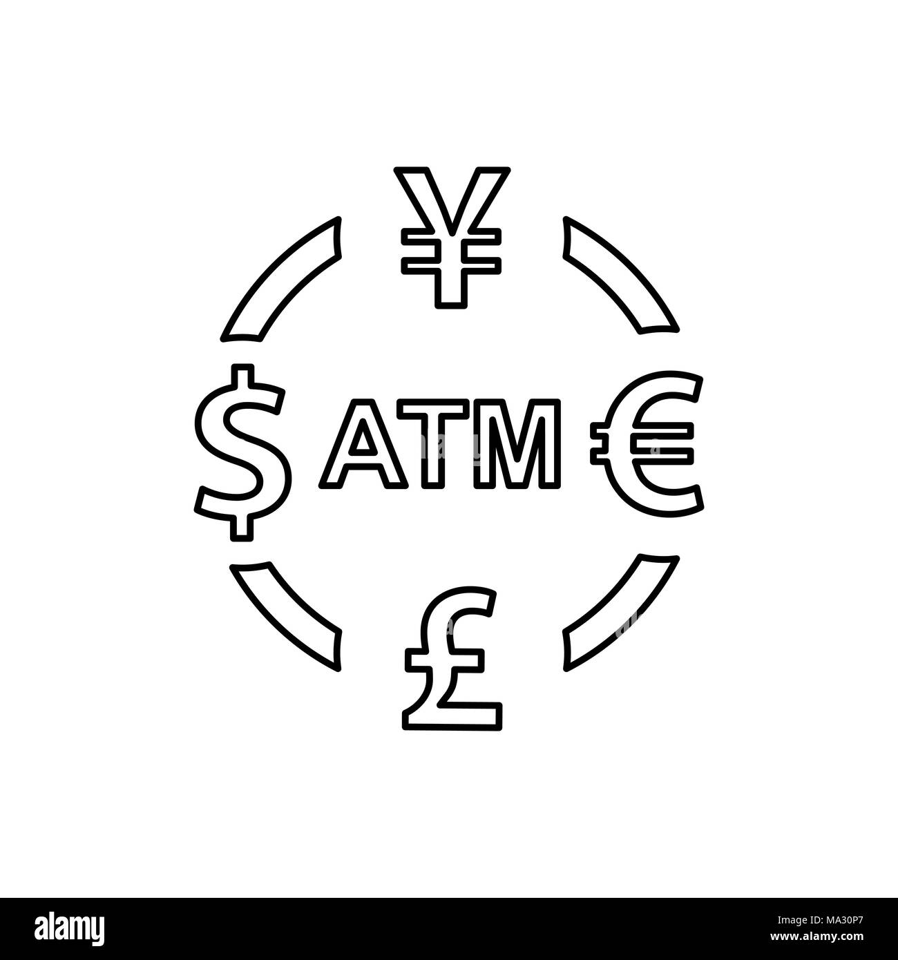 Cambio valuta icona. Dollaro yen euro pound atm simboli segni. Illustrazione Vettoriale