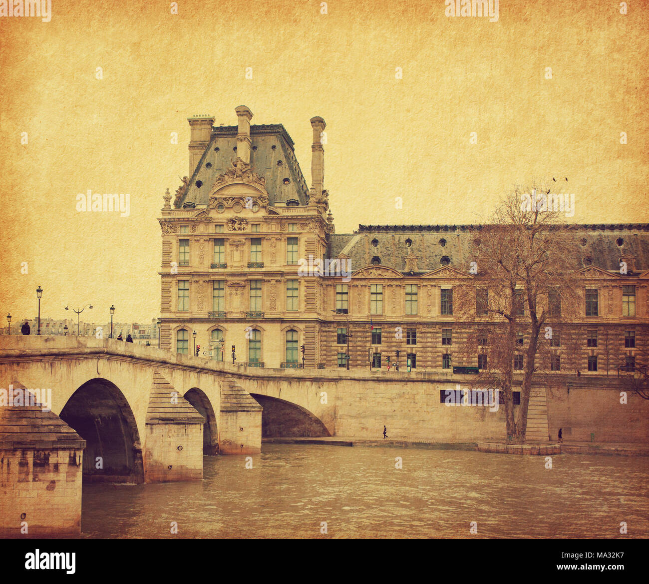 Senna. Ponte Pont Royal nel centro di Parigi, Francia. La foto in stile retrò. Aggiunta di Grana carta. Immagine dai toni Foto Stock