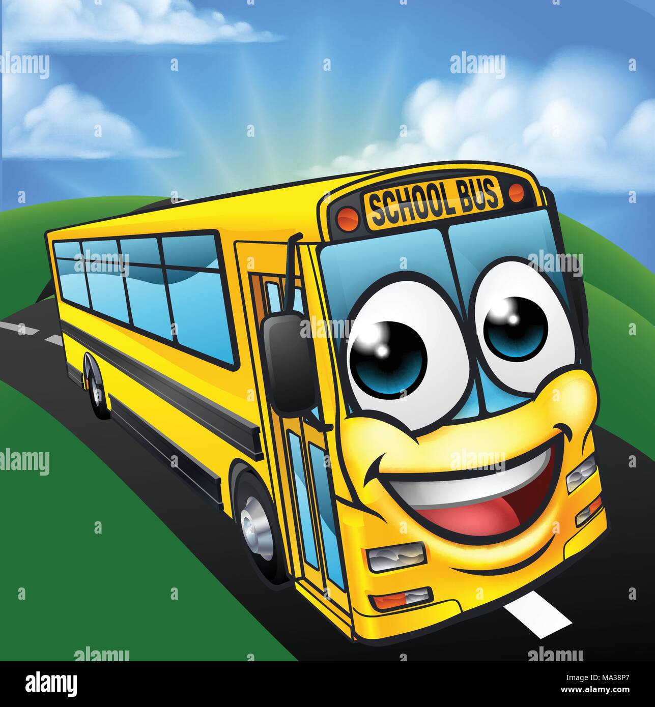 Scuola Bus dei cartoni animati di scena mascotte Immagine e Vettoriale -  Alamy