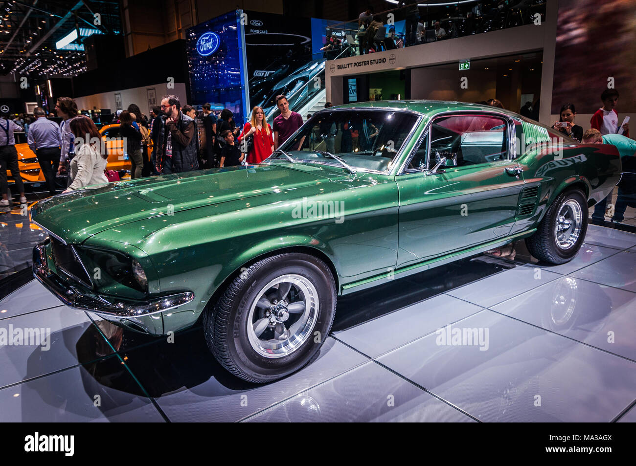 Ginevra, Svizzera - 17 Marzo 2018: Ford Mustang Bullitt 1968 Superfast sports car presentata all'88Geneva International Motor Show. Foto Stock