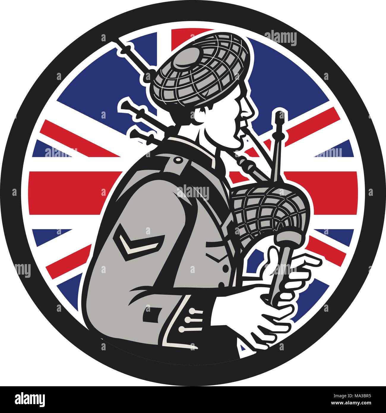 Icona di stile retrò illustrazione di un British bagpiper giocando il grande scozzese Highland bagpipes con Regno Unito Regno Unito, Gran Bretagna Union Jack flag Illustrazione Vettoriale
