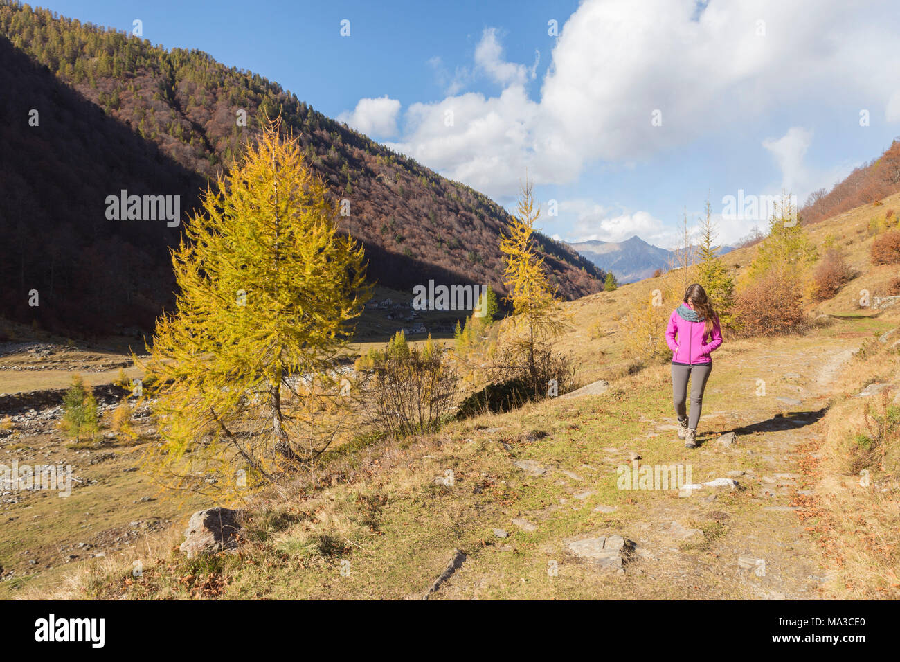Donna che cammina su un sentiero in Valle Loana Verbano Cusio Ossola provincia, Piemonte, Italia del Nord, Italia Foto Stock