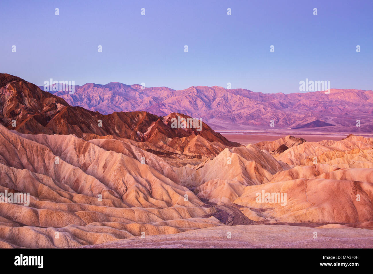 Vista panoramica dal Zabriskie Point, mostrando le circonvoluzioni, contrasti di colori e texture nella roccia erosa all'alba, Amargosa Range, Death Valley in Deat Foto Stock