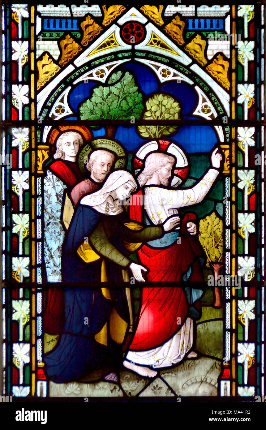 Faversham Kent, Inghilterra. Santa Maria della Carità chiesa parrocchiale. Finestra di vetro colorato: Luca 7:14 'giovane, ti dico' Foto Stock