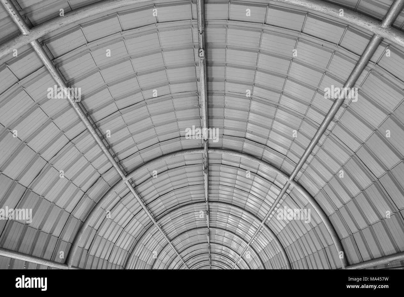 Configurazione astratta del semicerchio in bianco e nero. semicerchio struttura di copertura costituito da tubi di metallo crea bellissimi disegno geometrico e forme Foto Stock