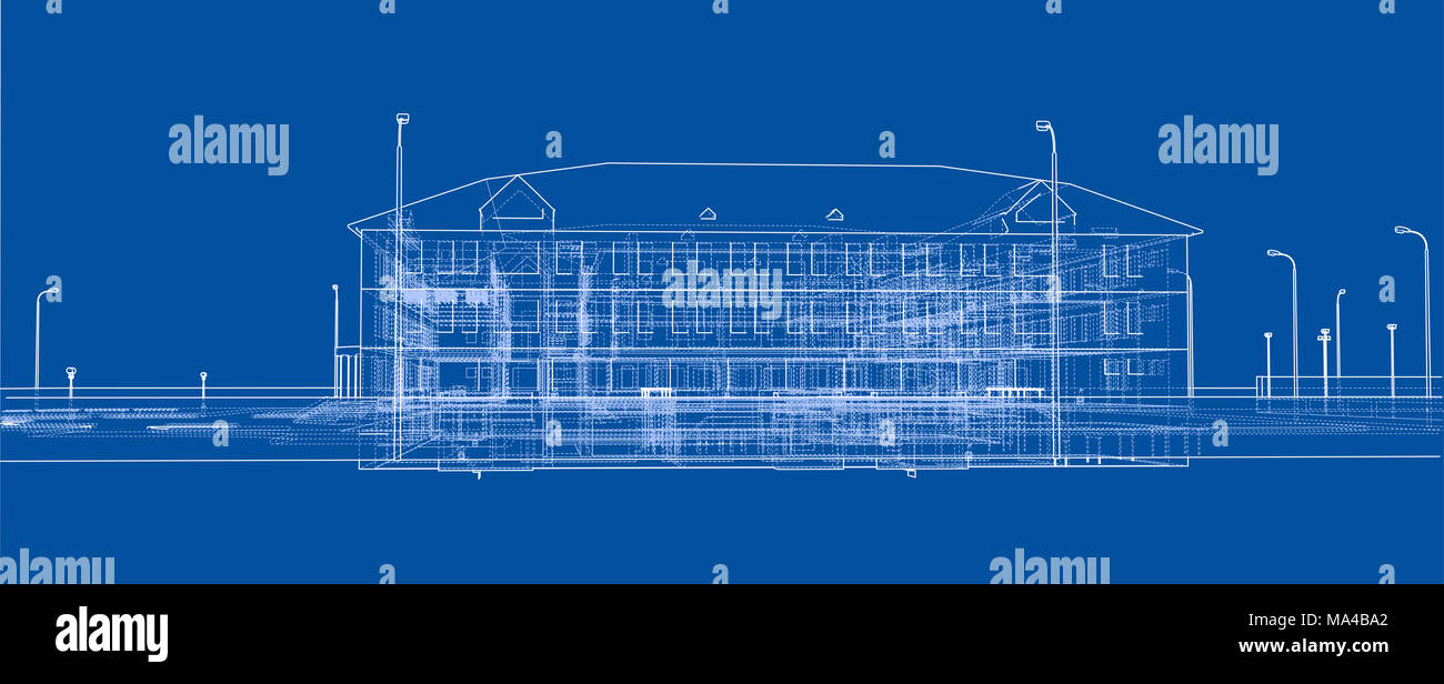 Costruzione astratta su sfondo blu. 3d'illustrazione. Filo-stile cornice Foto Stock