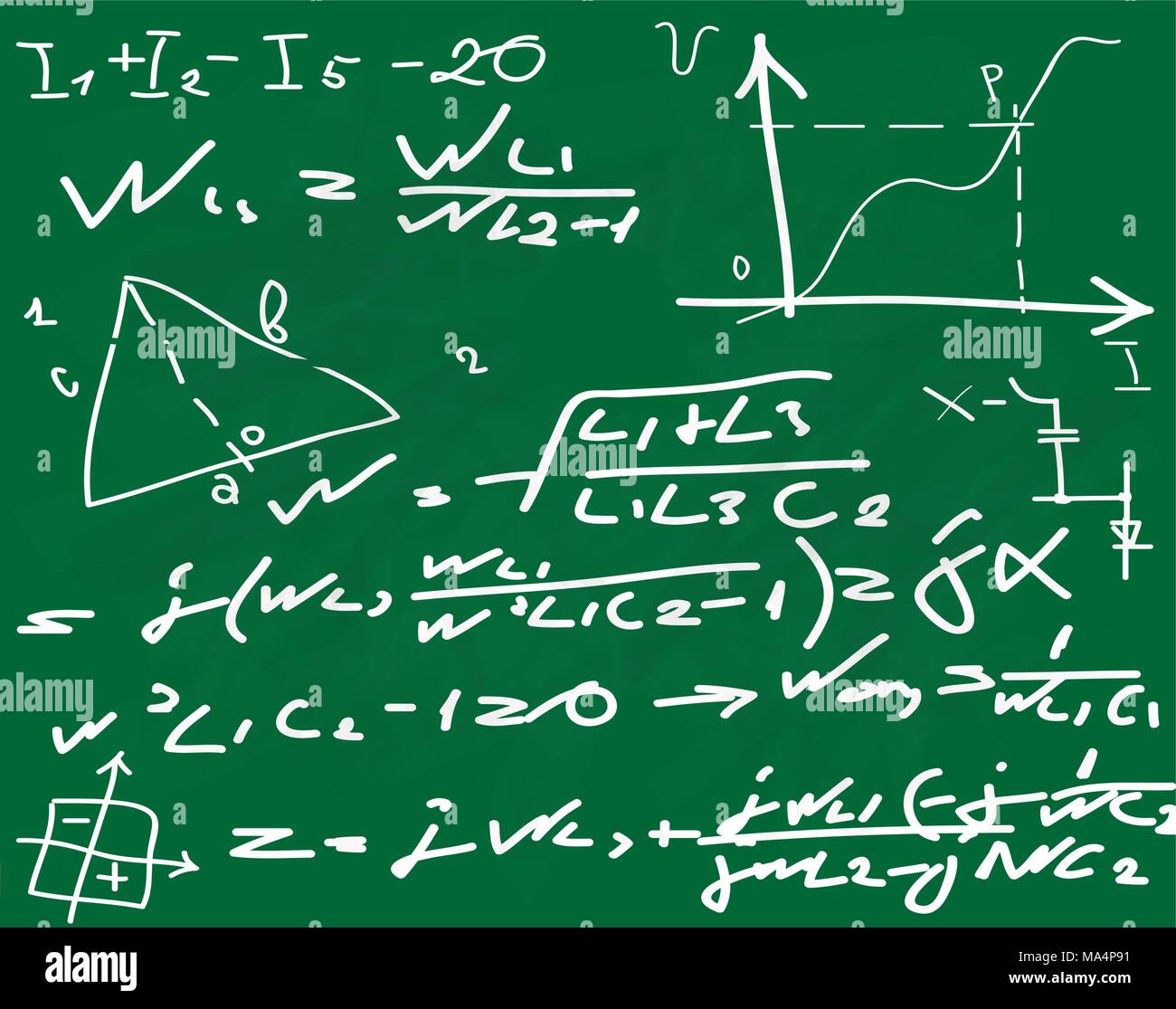 Le formule scritte sulla lavagna. Le equazioni e gli obiettivi su una lavagna verde Illustrazione Vettoriale