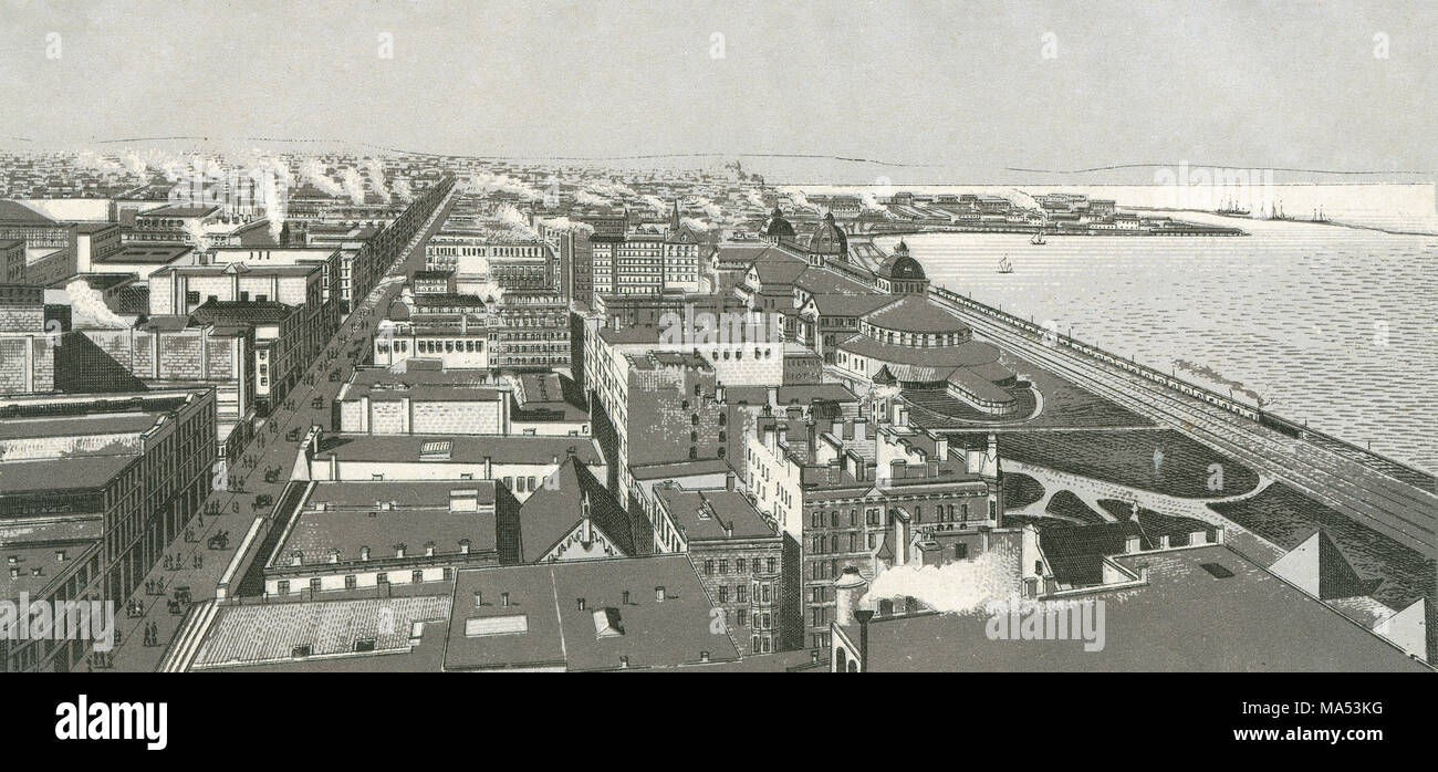 Antique c1885 stampa monocromatica da un album di souvenir, mostrando una vista a volo di uccello del Chicago, Illinois su Monroe Porto. Il lago Michigan a destra; la grande street è il Michigan Avenue; la ferrovia è la centrale di Illinois e Michigan Ferrovia Centrale; il grande edificio a cupola a destra è la Interstate Esposizione Industriale Edificio. Struttura di frangionde e nuovo East lato visibile sullo sfondo a destra. Stampato con il Glaser/Frey processo litografico, un multi-stone processo litografico sviluppato in Germania. Foto Stock