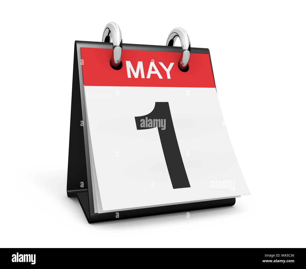 Primo di maggio escursioni calendario giornata di lavoro internazionale il concetto di vacanza con numero nero 1 su sfondo bianco. Foto Stock