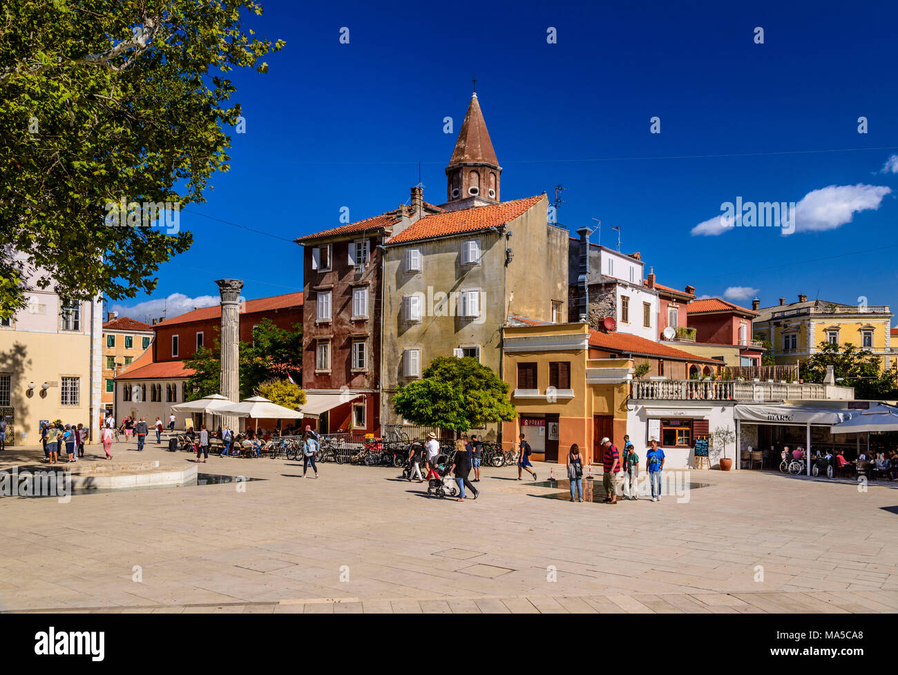Croazia, Dalmazia, Zara, piazza Trg Petra Zoranica con foro romano colonna  e la torre campanaria della chiesa di Sveti Simun Foto stock - Alamy